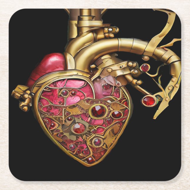Steampunk Heart Anatomical Rubies och Gears Underlägg Papper Kvadrat (Framsidan)