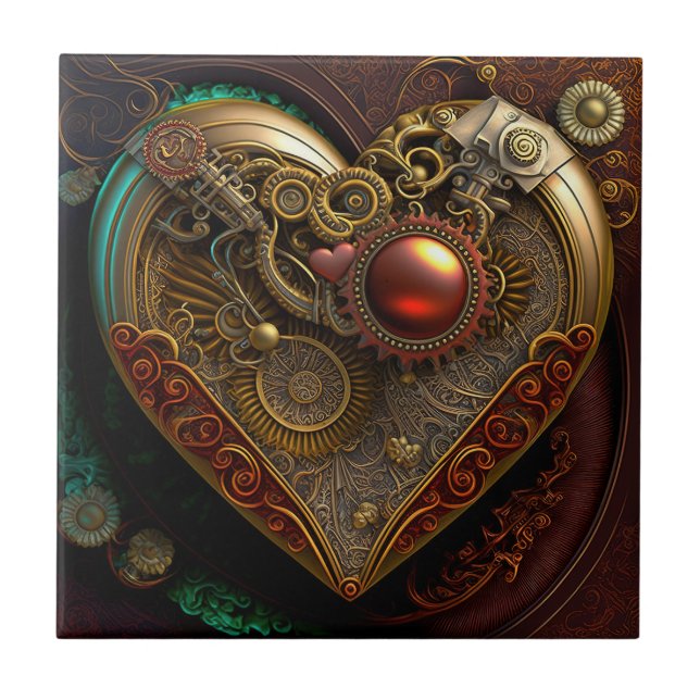 Steampunk Heart Ceramic Tile Kakelplatta (Framsidan)