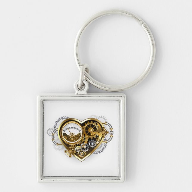 Steampunk Heart med en Manometer Fyrkantig Silverfärgad Nyckelring (Framsidan)