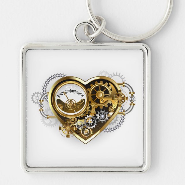 Steampunk Heart med en Manometer Fyrkantig Silverfärgad Nyckelring (Framsidan)