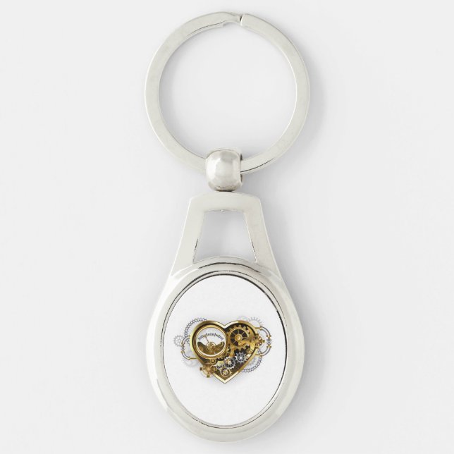 Steampunk Heart med en Manometer Ovalt Silverfärgad Nyckelring (Framsidan)