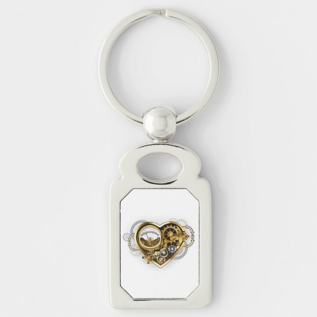Steampunk Heart med en Manometer Rektangulärt Silverfärgad Nyckelring (Framsidan)