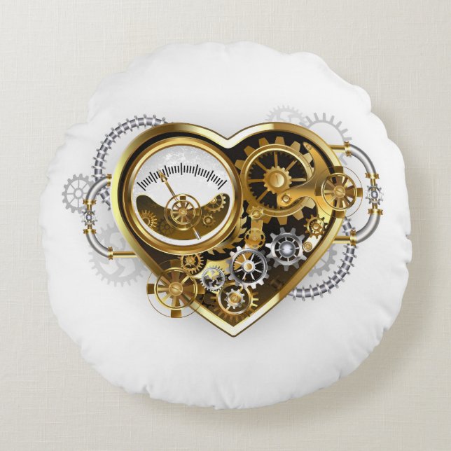 Steampunk Heart med en Manometer Rund Kudde (Framsidan)