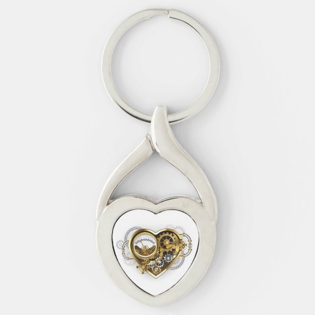 Steampunk Heart med en Manometer Twisted Heart Silverfärgad Nyckelring (Framsidan)