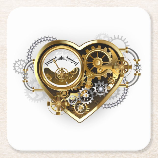 Steampunk Heart med en Manometer Underlägg Papper Kvadrat (Framsidan)