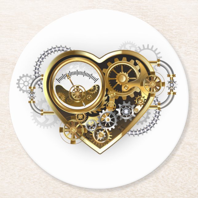 Steampunk Heart med en Manometer Underlägg Papper Rund (Framsidan)