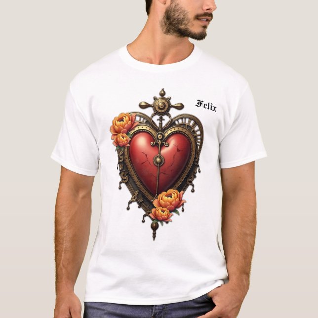 Steampunk Heart med Flowers. T Shirt (Framsida)