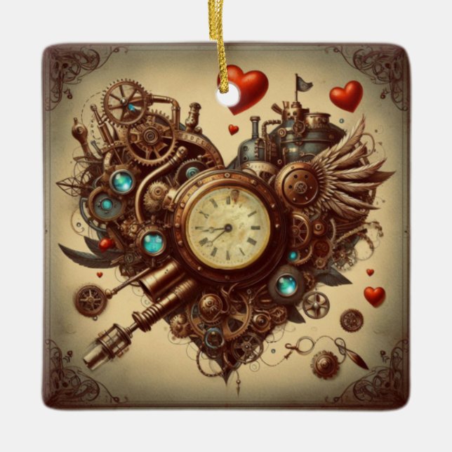 Steampunk hjärta/valentins dag julgransprydnad keramik (Framsida)