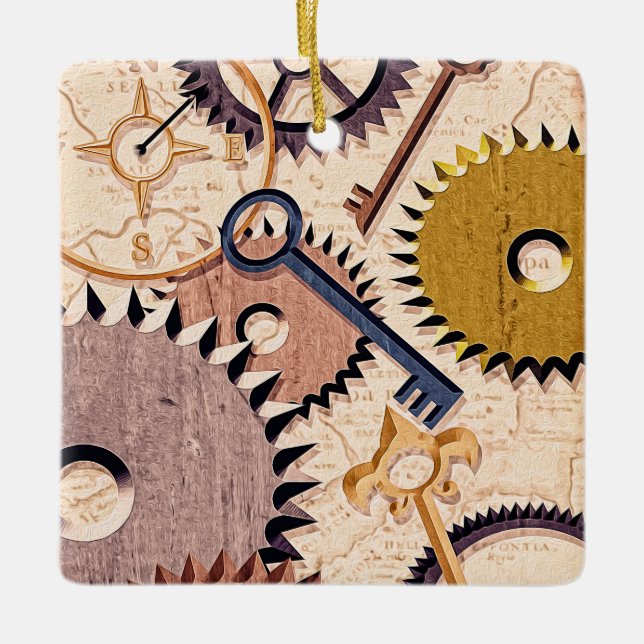 Steampunk Hjul, växlar, Nycklar, gammaldags Karta- Julgransprydnad Keramik (Framsida)