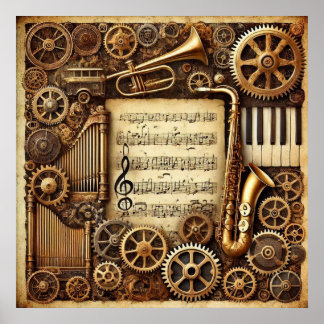 Steampunk Horns Gears Tangentbord Lakan Music Poster