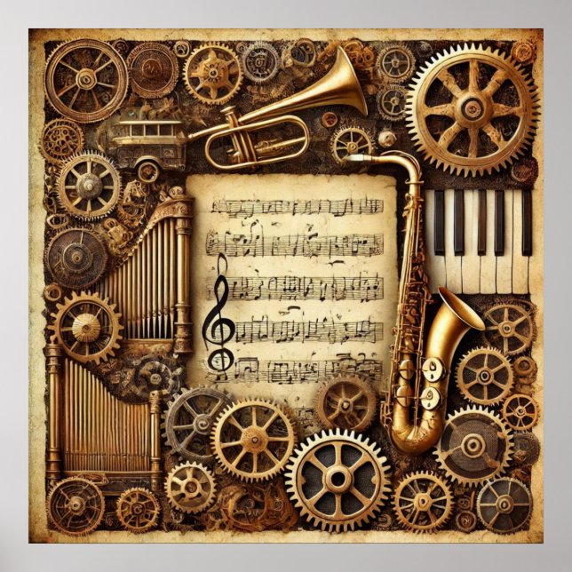 Steampunk Horns Gears Tangentbord Lakan Music Poster (Framsidan)