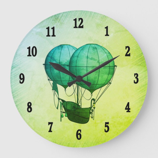 Steampunk Hot Air Balloons with Ship Green Stor Klocka (Framsida)