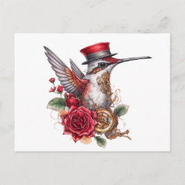 Steampunk Hummingbird with Red Hat and Clockwork Helg Vykort