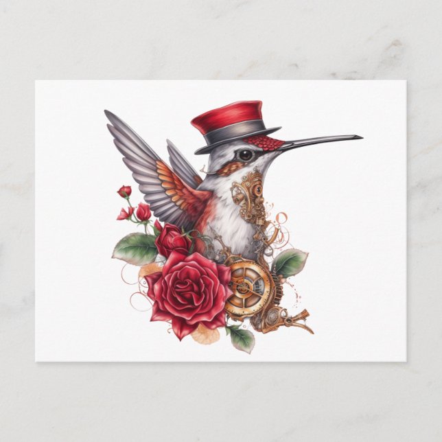 Steampunk Hummingbird with Red Hat and Clockwork Helg Vykort (Framsida)