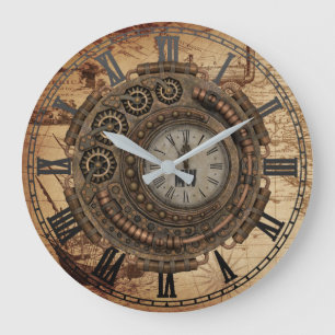 Steampunk Industrial Clock Machinery Vintage Karta Stor Klocka