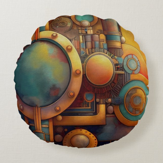 Steampunk industriell geometrisk konst rund kudde (Framsidan)