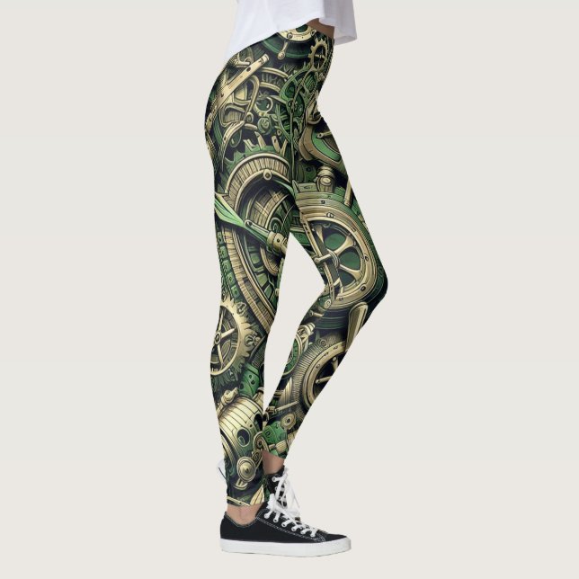 Steampunk Industriella Gröna Kugghjul Leggings (Höger)