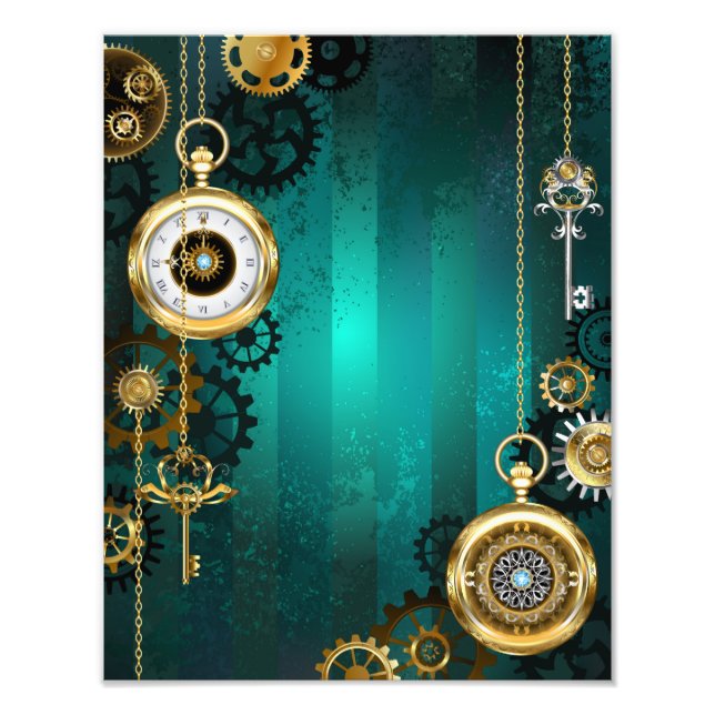 Steampunk Jewelry Watch on a Green Background Fototryck (Framsidan)