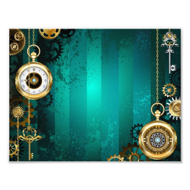 Steampunk Jewelry Watch on a Green Background Fototryck (Framsidan)