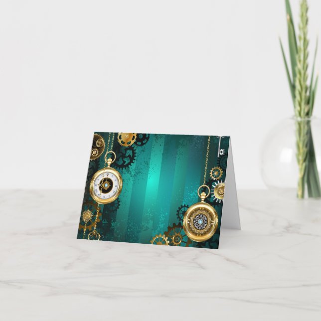 Steampunk Jewelry Watch on a Grönt Background Anteckningskort (Framsida)