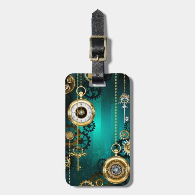 Steampunk Jewelry Watch on a Grönt Background Bagagebricka (Vertikal Framsida)