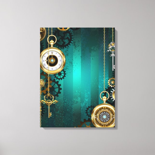 Steampunk Jewelry Watch on a Grönt Background Canvastryck (Framsida)