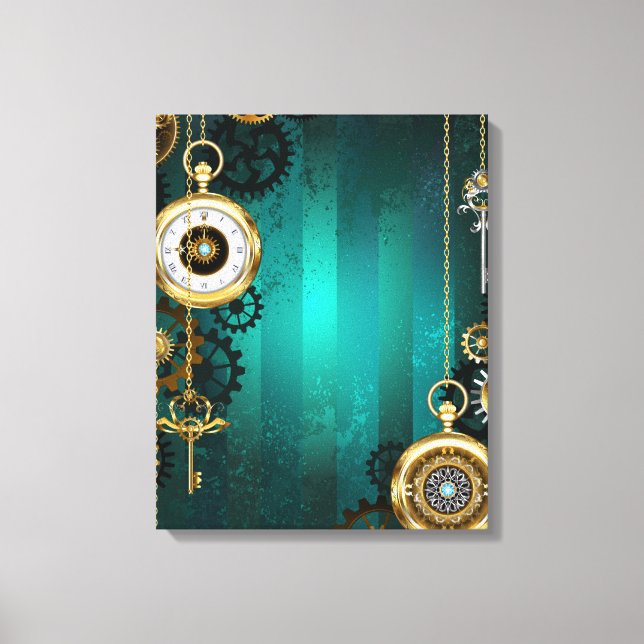 Steampunk Jewelry Watch on a Grönt Background Canvastryck (Framsida)