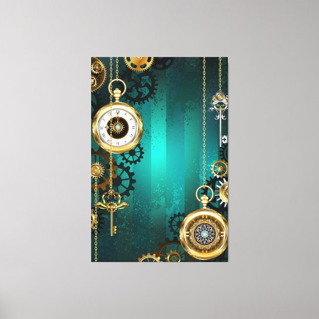 Steampunk Jewelry Watch on a Grönt Background Canvastryck (Framsida)