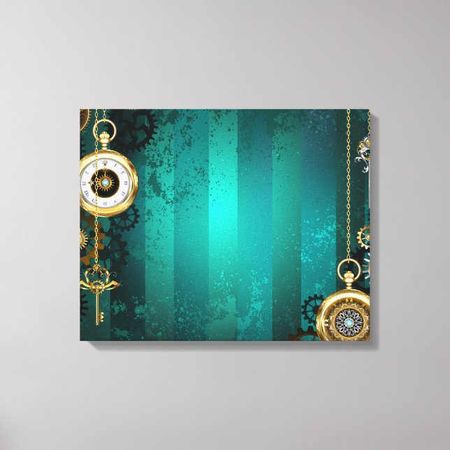 Steampunk Jewelry Watch on a Grönt Background Canvastryck (Framsida)