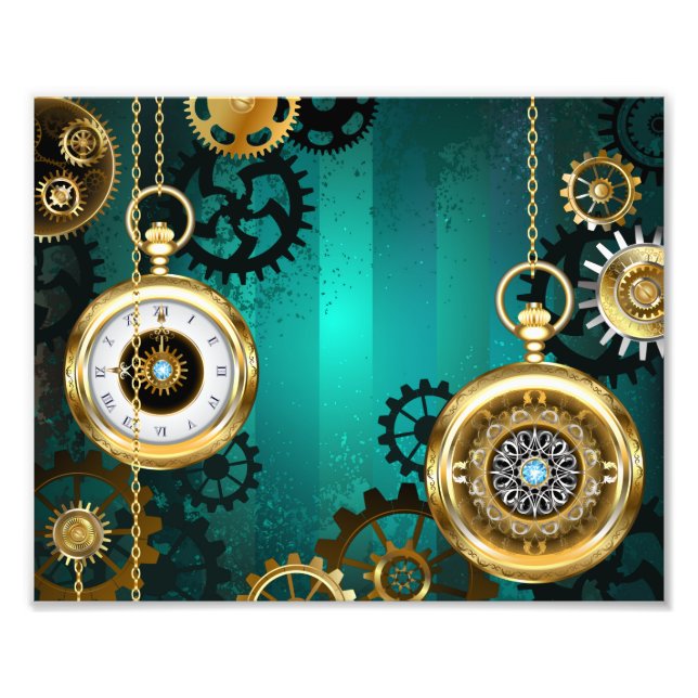 Steampunk Jewelry Watch on a Grönt Background Fototryck (Framsidan)
