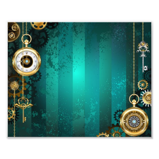 Steampunk Jewelry Watch on a Grönt Background Fototryck (Framsidan)