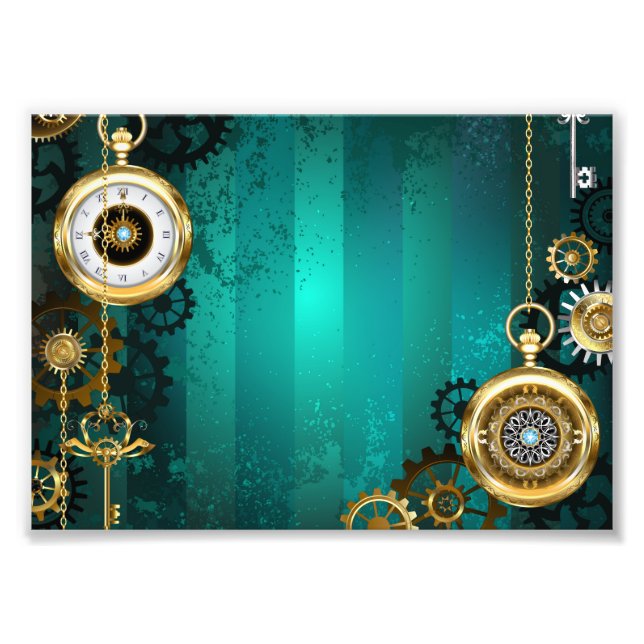 Steampunk Jewelry Watch on a Grönt Background Fototryck (Framsidan)