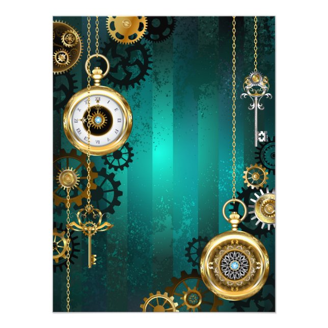 Steampunk Jewelry Watch on a Grönt Background Fototryck (Framsidan)