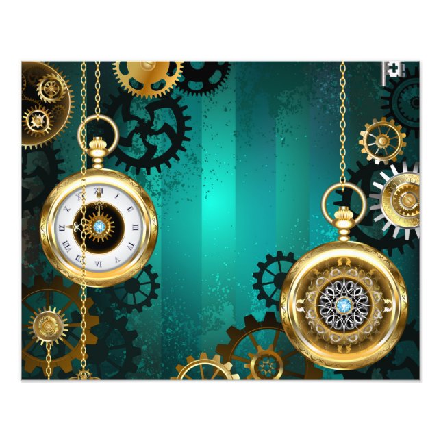 Steampunk Jewelry Watch on a Grönt Background Fototryck (Framsidan)