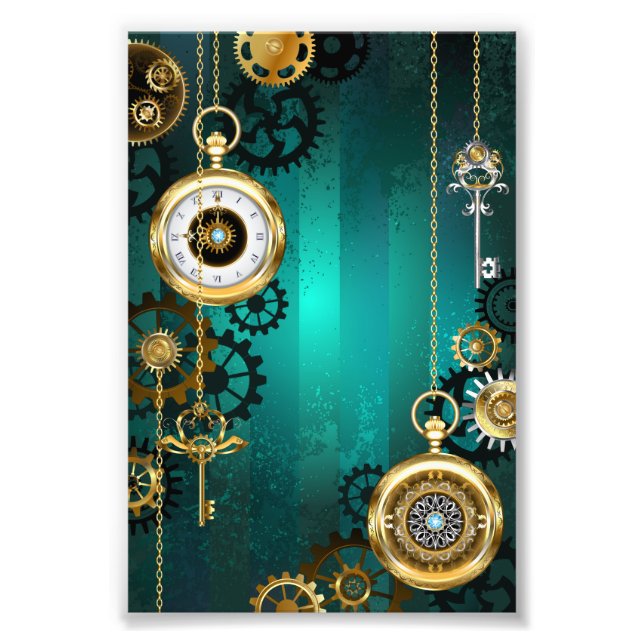 Steampunk Jewelry Watch on a Grönt Background Fototryck (Framsidan)