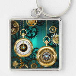 Steampunk Jewelry Watch on a Grönt Background Fyrkantig Silverfärgad Nyckelring