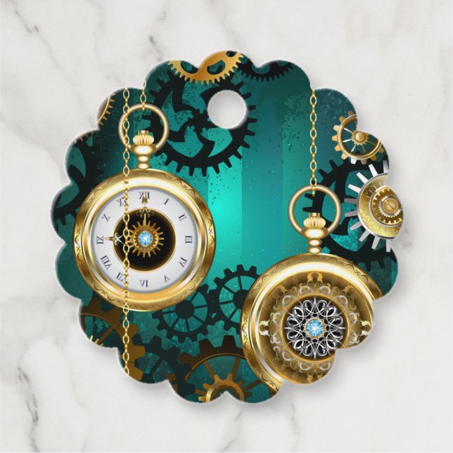 Steampunk Jewelry Watch on a Grönt Background Gåvor Etiketter (Framsida)