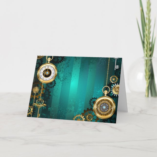 Steampunk Jewelry Watch on a Grönt Background Inbjudan (Framsida)