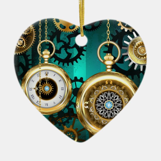 Steampunk Jewelry Watch on a Grönt Background Julgransprydnad Keramik (Framsidan)