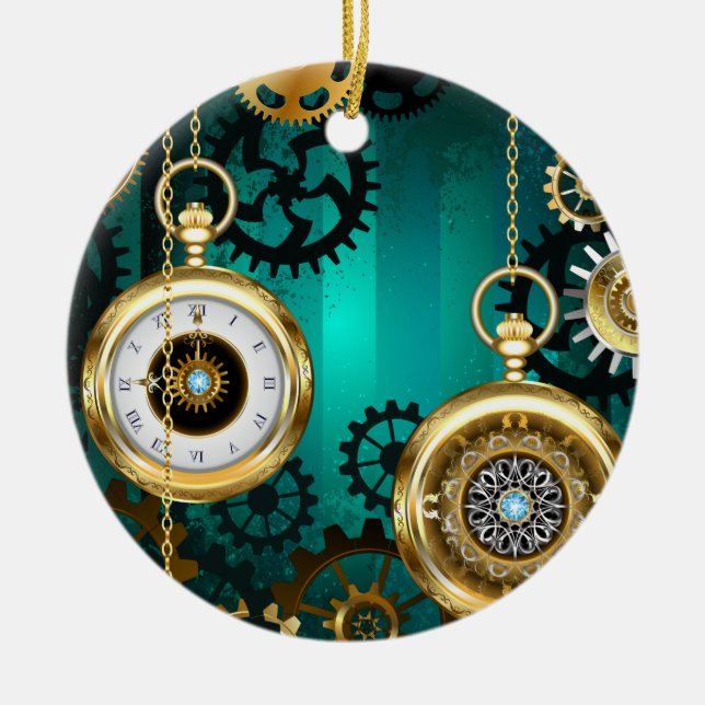 Steampunk Jewelry Watch on a Grönt Background Julgransprydnad Keramik (Framsidan)