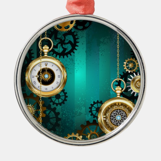 Steampunk Jewelry Watch on a Grönt Background Julgransprydnad Metall (Framsidan)