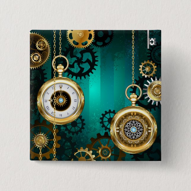 Steampunk Jewelry Watch on a Grönt Background Knapp (Framsida)