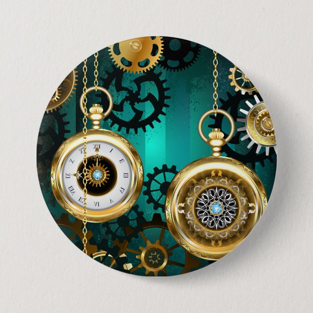Steampunk Jewelry Watch on a Grönt Background Knapp (Framsida)