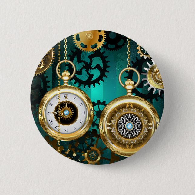 Steampunk Jewelry Watch on a Grönt Background Knapp (Framsida)