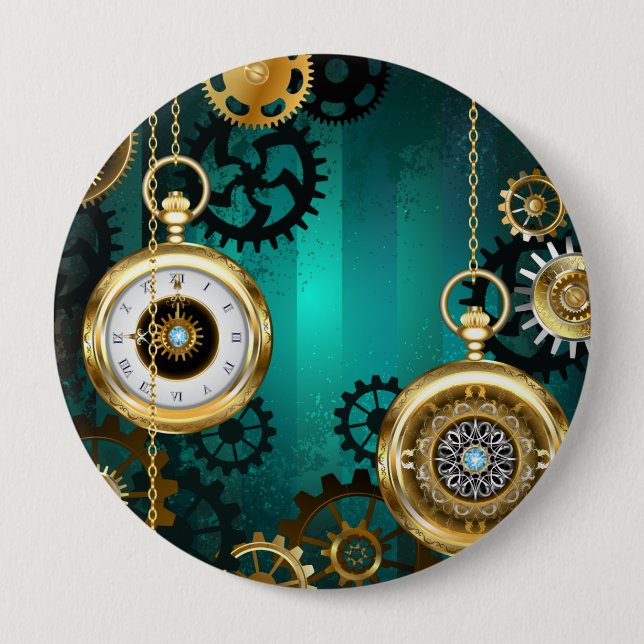 Steampunk Jewelry Watch on a Grönt Background Knapp (Framsida)