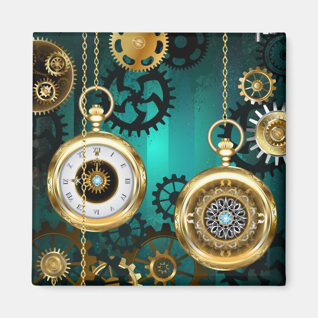 Steampunk Jewelry Watch on a Grönt Background Magnet (Framsidan)