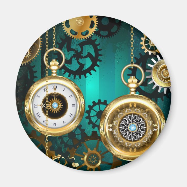 Steampunk Jewelry Watch on a Grönt Background Magnet (Framsidan)