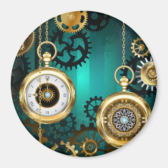 Steampunk Jewelry Watch on a Grönt Background Magnet (Framsidan)