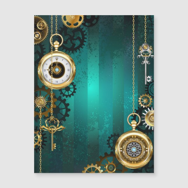 Steampunk Jewelry Watch on a Grönt Background Magnetisk Inbjudningskort (Framsida)