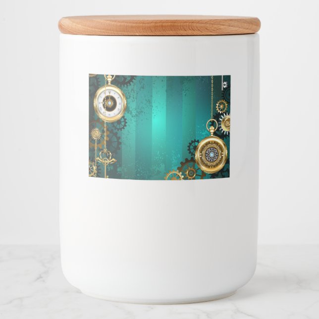 Steampunk Jewelry Watch on a Grönt Background Mat Etiketter (Framsida)